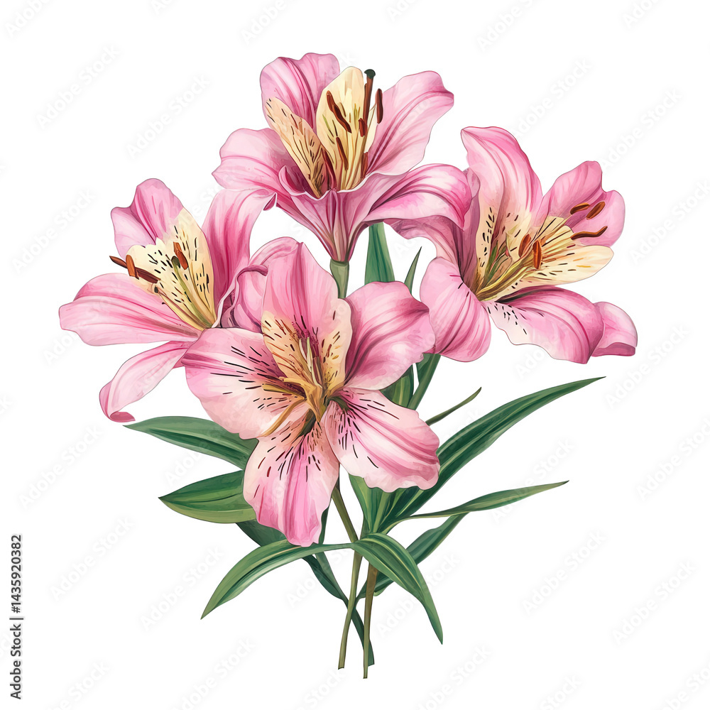 Obraz premium bouquet of pink lilies with delicate petals and intricate details. showcasing their vibrant colors and natural beauty the arrangement is set against a plain white background. emphasizing the flowers'