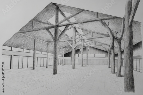 Obraz na płótnie Modern Minimalist Architecture with Exposed Wooden Beams and Trees w salonie