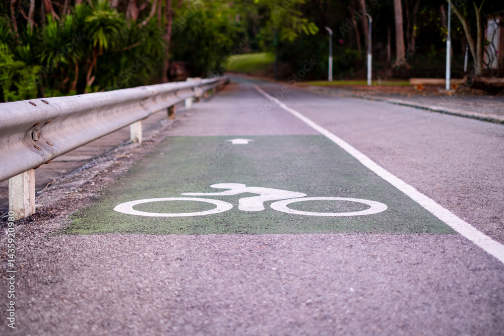 Obraz premium Dedicated bicycle lane marked on a paved road, promoting urban cycling, eco-friendly transport, and active lifestyles, perfect for city planning, sports, or environmental campaigns