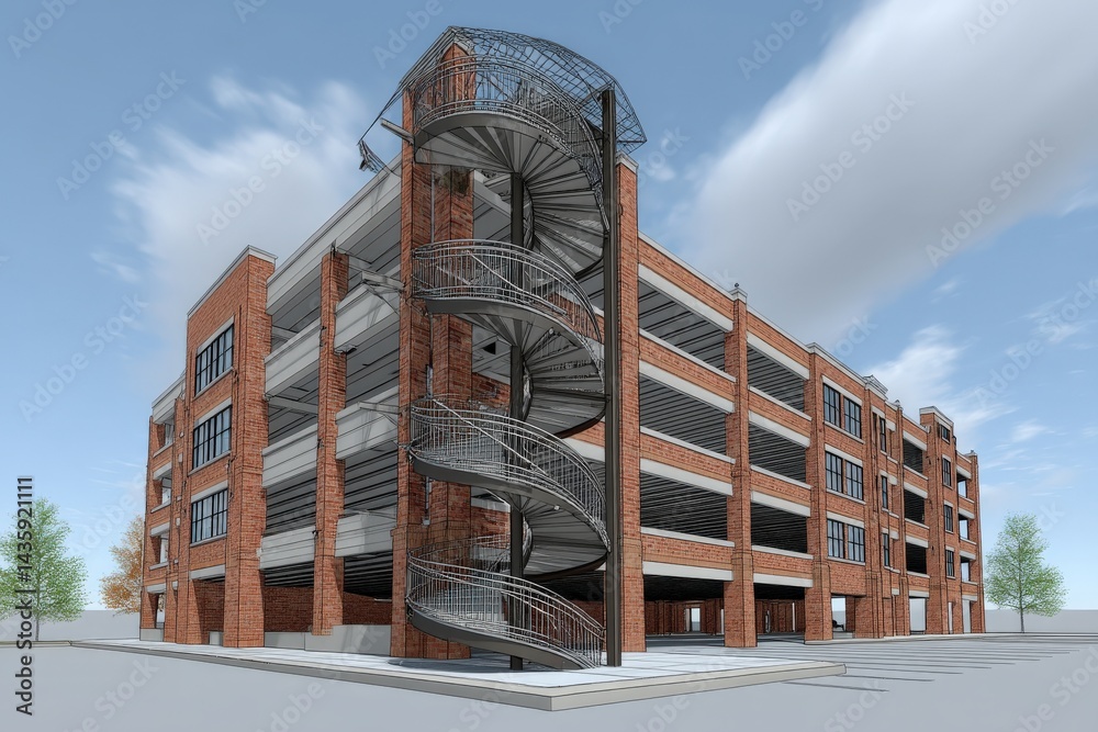 Modern Parking Structure with Spiral Staircase and Urban Design Features