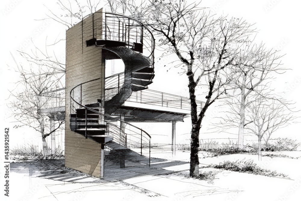 Modern Spiral Staircase in Architectural Sketch Design and Concept