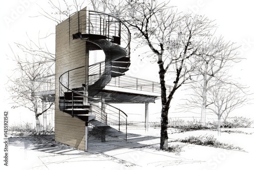 Obraz na płótnie Modern Spiral Staircase in Architectural Sketch Design and Concept w salonie
