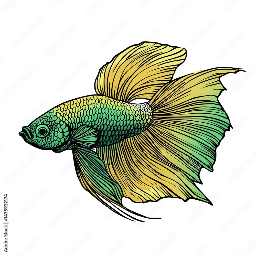 Fototapeta premium stylized illustration of a colorful fish. showcasing intricate details in its scales and fins the fish is primarily green with yellow accents. emphasizing its vibrant appearance the design highlights