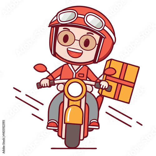 Cartoon delivery person riding a motorcycle with a gift box