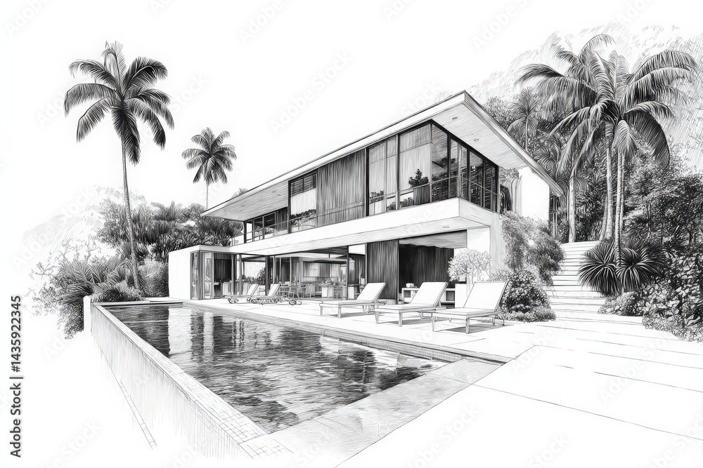 Modern Villa with Pool and Tropical Landscape in Black and White