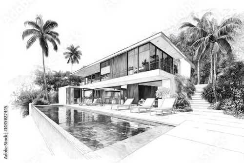 Obraz na płótnie Modern Villa with Pool and Tropical Landscape in Black and White w salonie