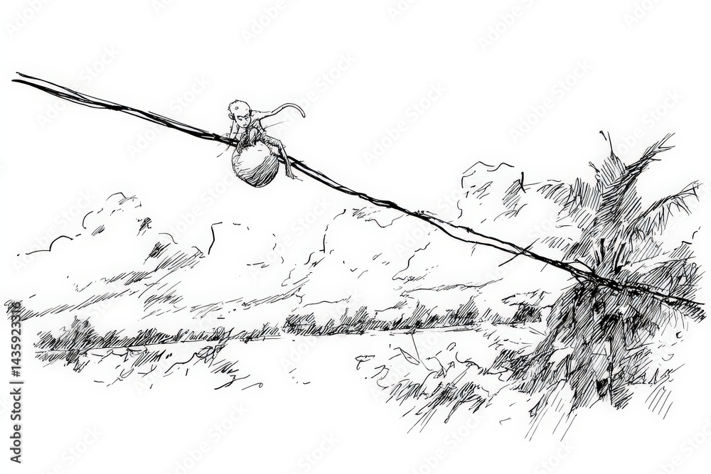 Monkey Balancing on a Tightrope with a Ball in a Scenic Landscape