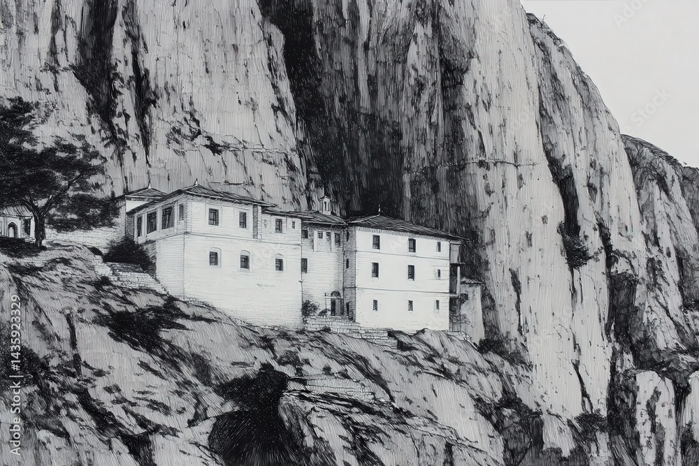 Monastery on Cliffside Surrounded by Dramatic Rocky Landscape