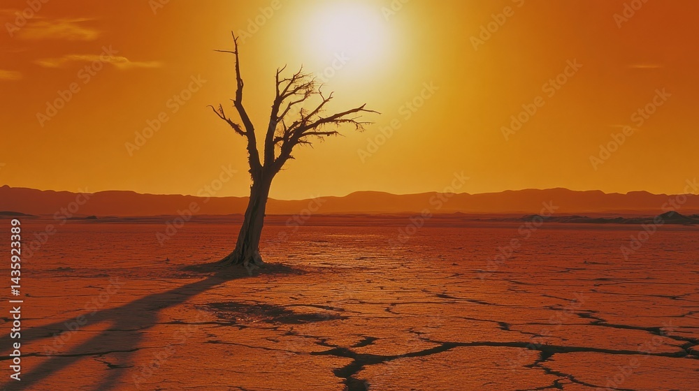 Fototapeta premium A lonely tree in an arid field under an orange sky, representing desertification and heat