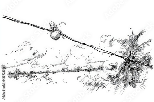 Obraz na płótnie Monkey Balancing on a Tightrope with a Ball in a Scenic Landscape w salonie