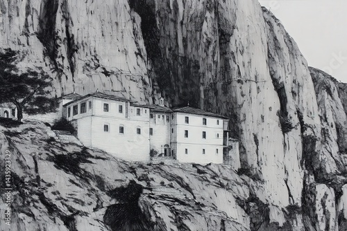 Obraz na płótnie Monastery on Cliffside Surrounded by Dramatic Rocky Landscape w salonie