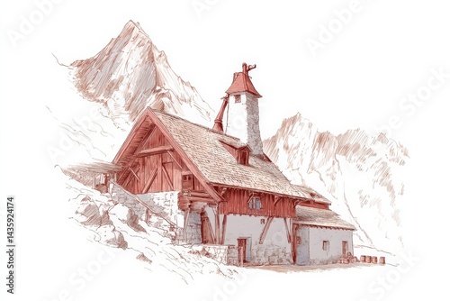 Mountain Lodge in a Snowy Landscape with Rustic Charm and Beauty