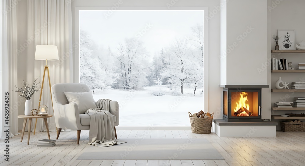 Fototapeta premium Winter's Embrace: Hearth & Window AI Generated