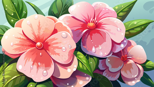 A close-up of Impatiens flowers drenched in morning dew, their soft pink petals glistening in the soft light