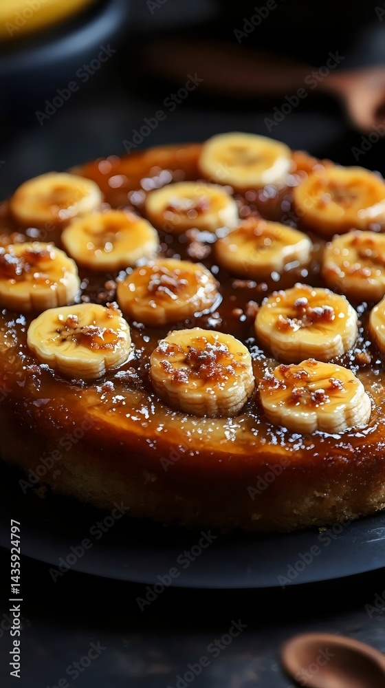 A beautifully presented banana upside-down cake with caramelized bananas on top. A beautifully presented banana upside-down cake with caramelized bananas on top.