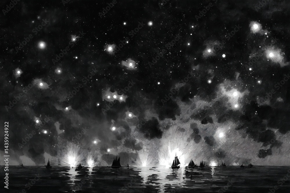 Night Sky with Stars and Boats on a Calm Water Surface