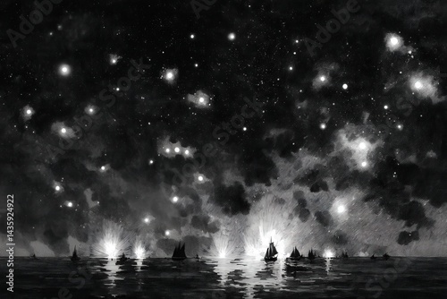 Obraz na płótnie Night Sky with Stars and Boats on a Calm Water Surface w salonie