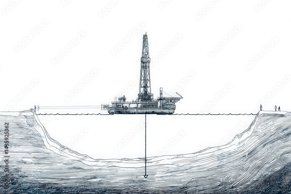 Ocean drilling rig cross-section illustration showing subsea geology