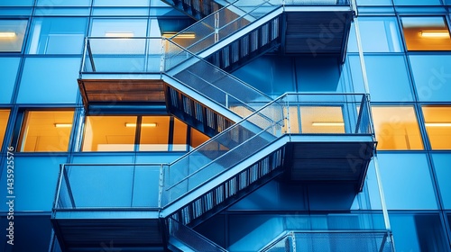 Exterior view of a modern building's metal fire escape. photo