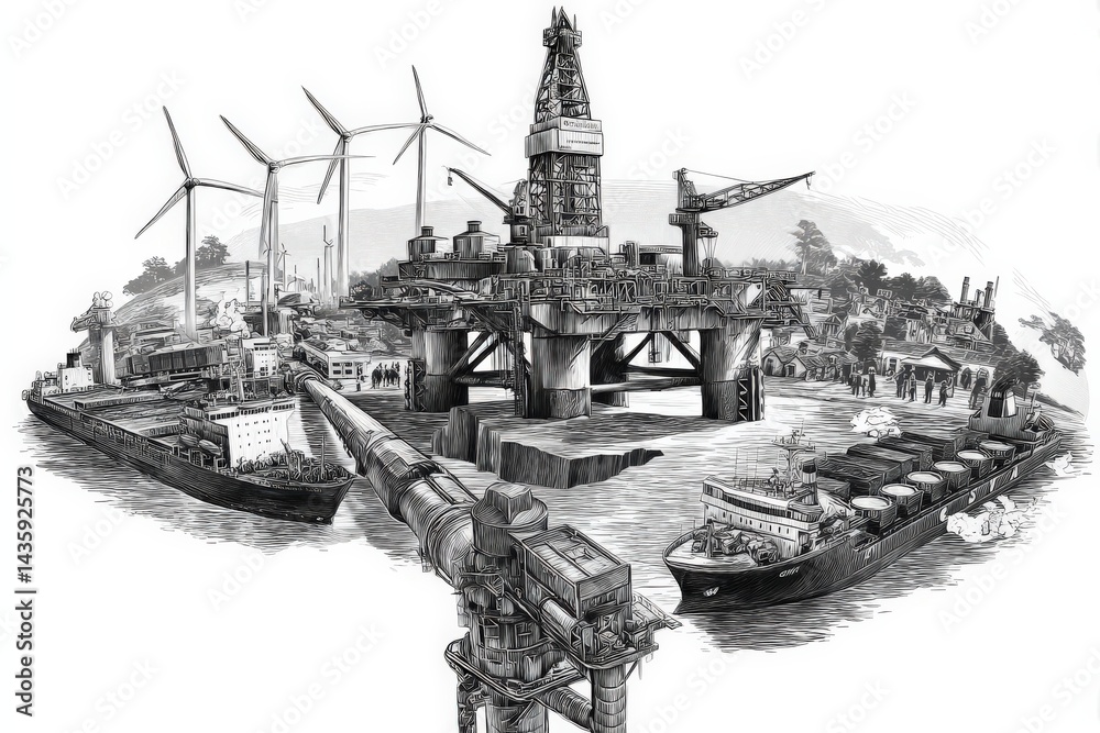 Offshore Energy Industry Concept with Oil Rig and Renewable Sources