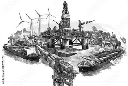 Obraz na płótnie Offshore Energy Industry Concept with Oil Rig and Renewable Sources w salonie
