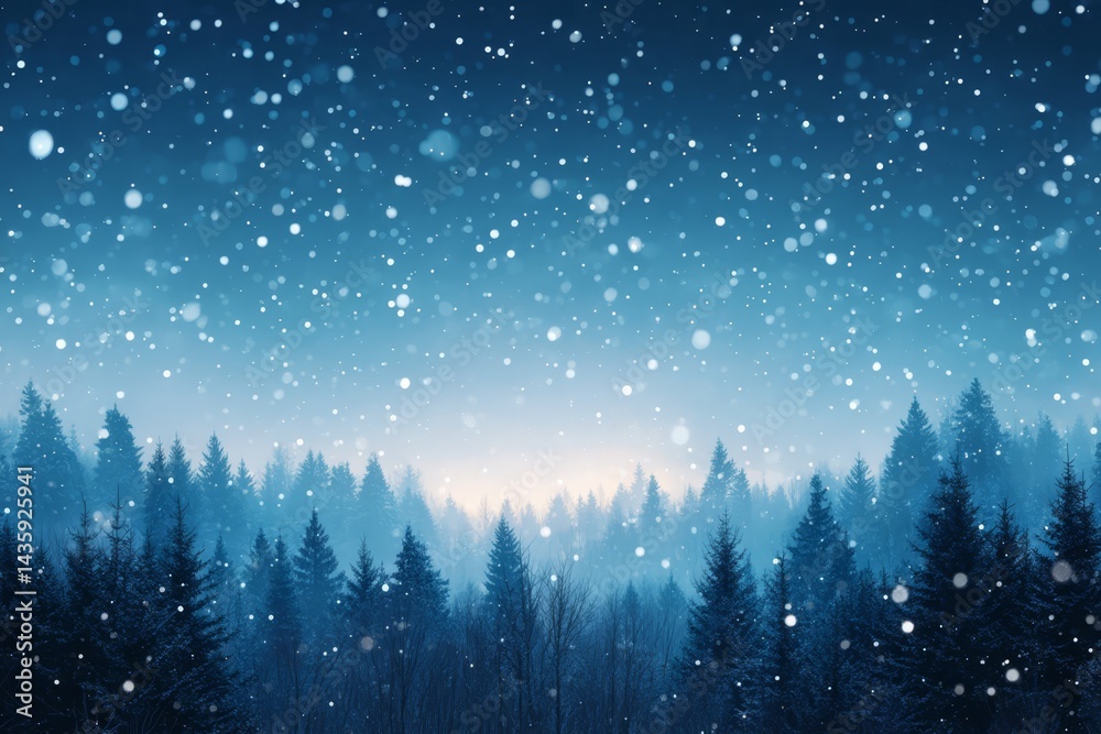 Fototapeta premium Dark Blue Winter Forest Night Landscape with Falling Snow