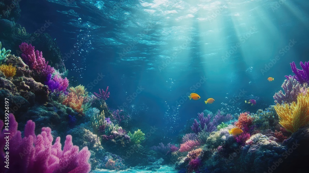 Coral reef underwater with vibrant marine life and healthy coral structures, highlighting ocean biodiversity, no people