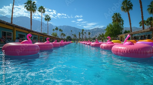 Vibrant Flamingo Floats in Tropical Pool Paradise at California Resort