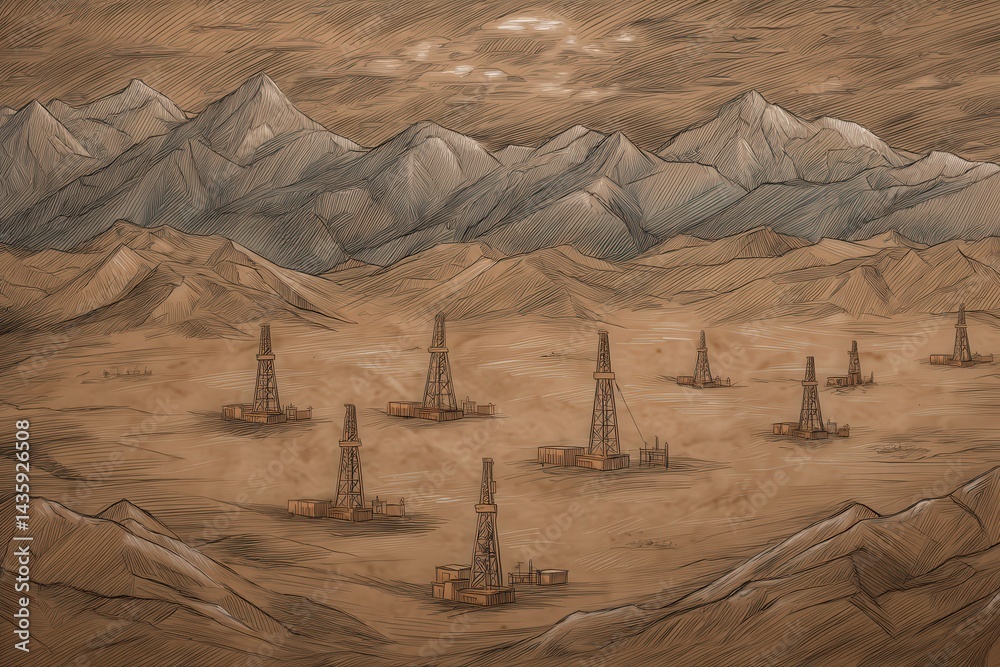 Oil Extraction Landscape with Drilling Rigs Under Mountain Range