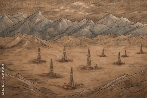Obraz na płótnie Oil Extraction Landscape with Drilling Rigs Under Mountain Range w salonie