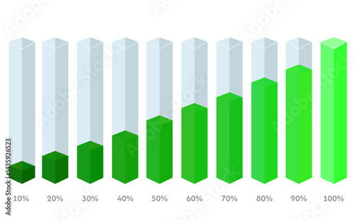 Square flasks tall with percentages from 10 to 100 with green filling
Vector icons of flasks from 10 to 100 percent