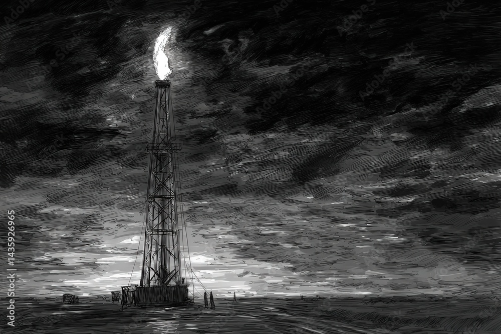 Oil Rig with Flame Against Dark Sky and Dramatic Clouds at Dusk