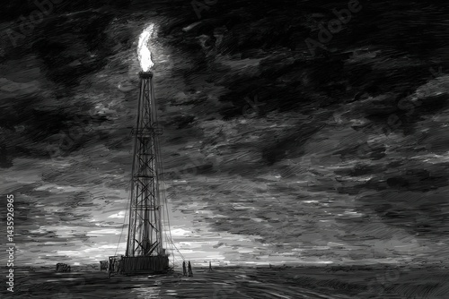 Obraz na płótnie Oil Rig with Flame Against Dark Sky and Dramatic Clouds at Dusk w salonie