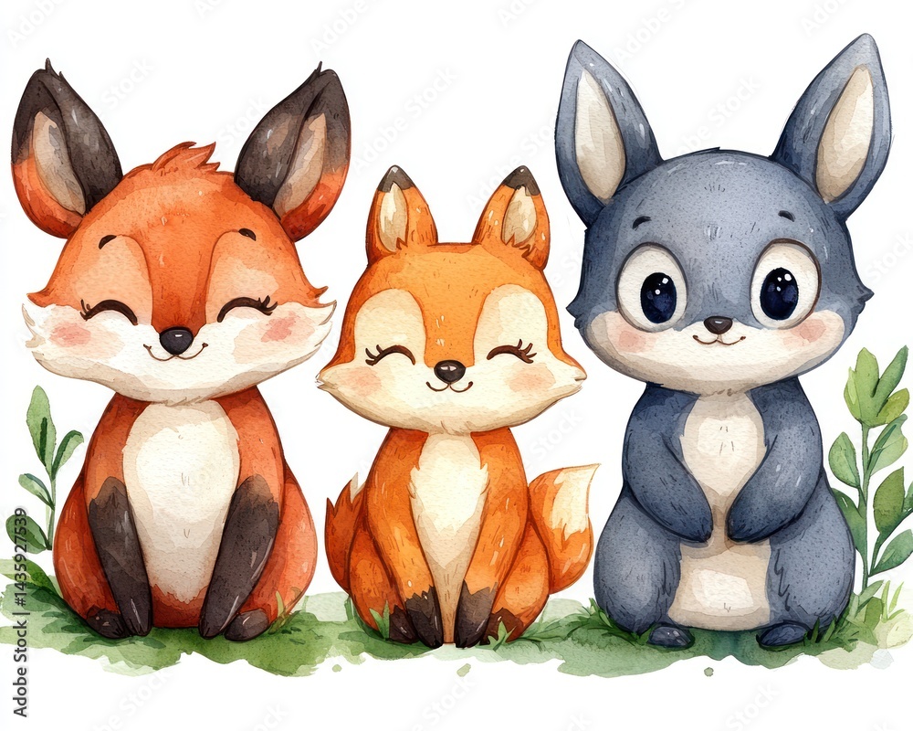Cute cartoon animals sitting together in a lush green environment, ideal for children's illustrations