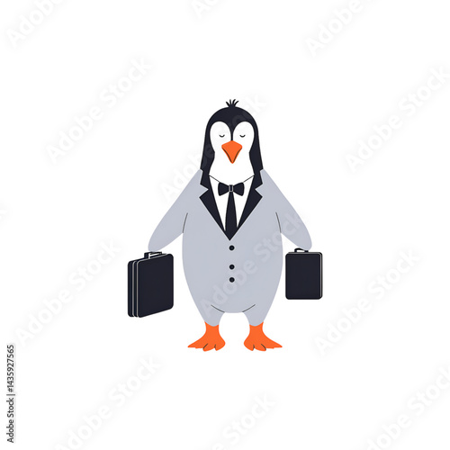 A stylized cartoon penguin dressed in a suit and tie, carrying two briefcases.