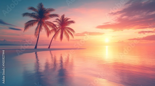 Pink and Orange Sunset Over Tropical Beach with Palm Trees