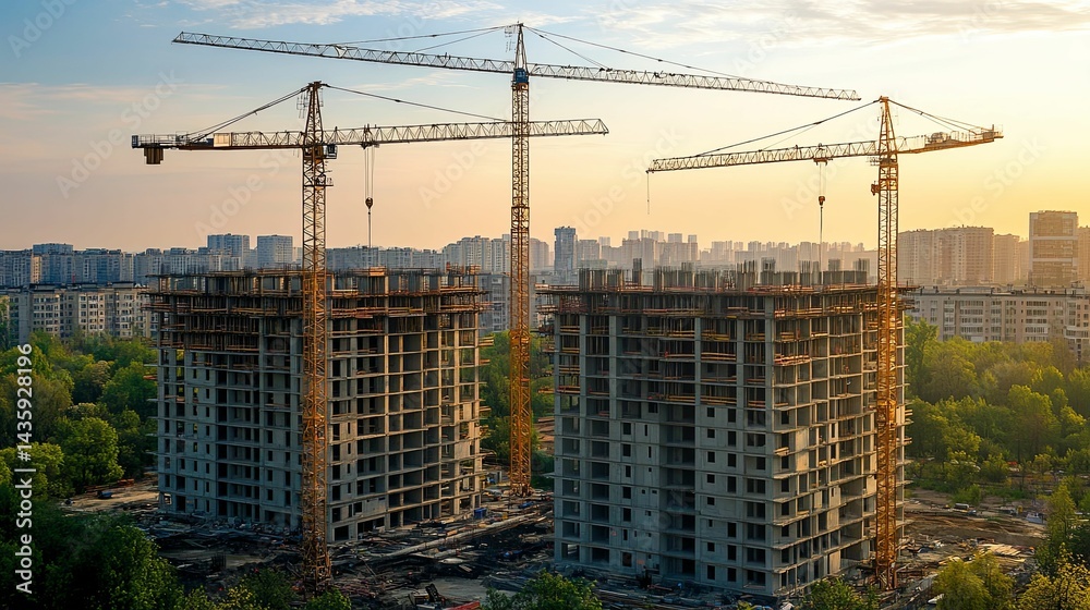 Elevated view of construction sites with cranes at daybreak. Elevated view of construction sites with cranes at daybreak.