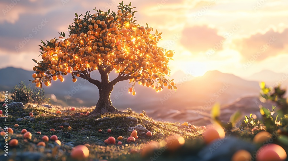 Fototapeta premium A vibrant orange tree glows in the golden sunset, surrounded by fallen fruits.