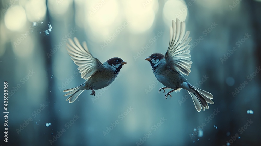 Obraz premium Two small birds in flight, against a soft, blurred background.