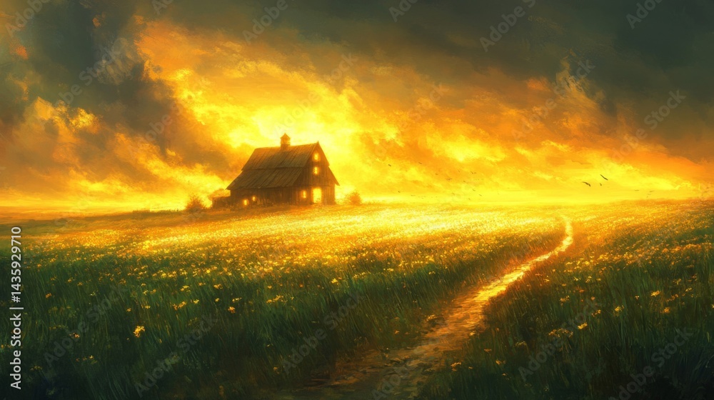 Naklejka premium Golden Hour Farmhouse in a Yellow Field