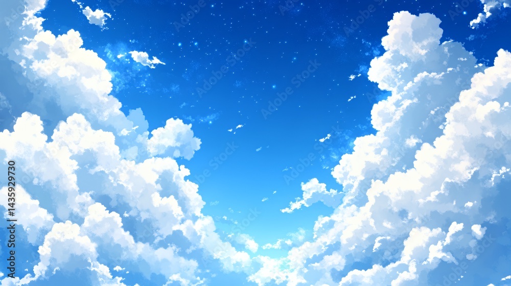 A serene sky filled with fluffy clouds in vibrant shades of blue.
