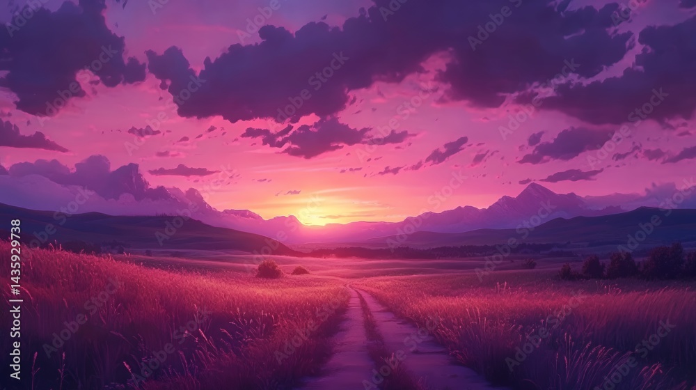 Serene sunset over a tranquil landscape, featuring vibrant purple and pink hues.