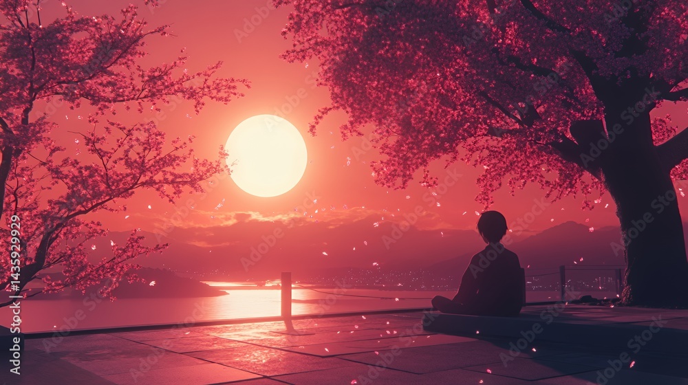A serene scene of a young Asian boy meditating under cherry blossoms at sunset.