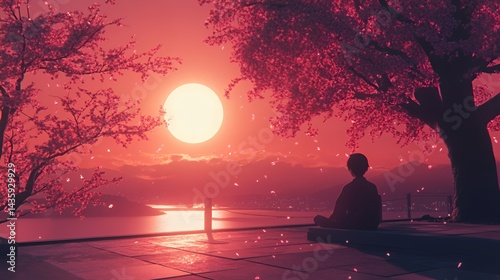 Obraz na płótnie A serene scene of a young Asian boy meditating under cherry blossoms at sunset. w salonie