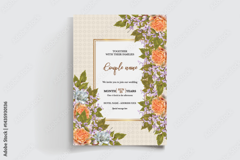 WEDDING INVITATION FRAME WITH FLOWER DECORATIONS AND FRESH LEAVES WEDDING INVITATION FRAME WITH FLOWER DECORATIONS AND FRESH LEAVES