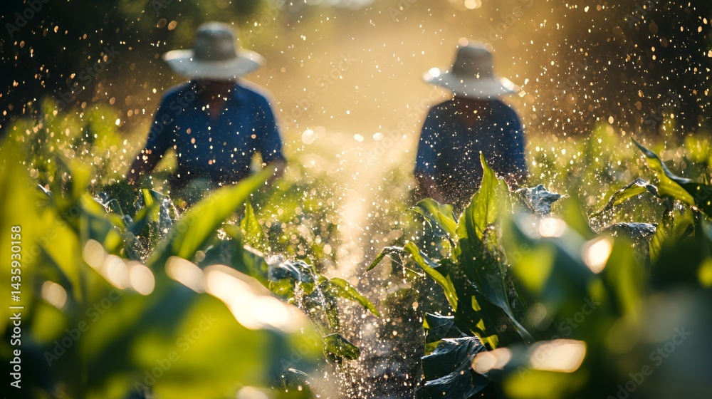 Two farmers working in a lush green cornfield during golden hour.