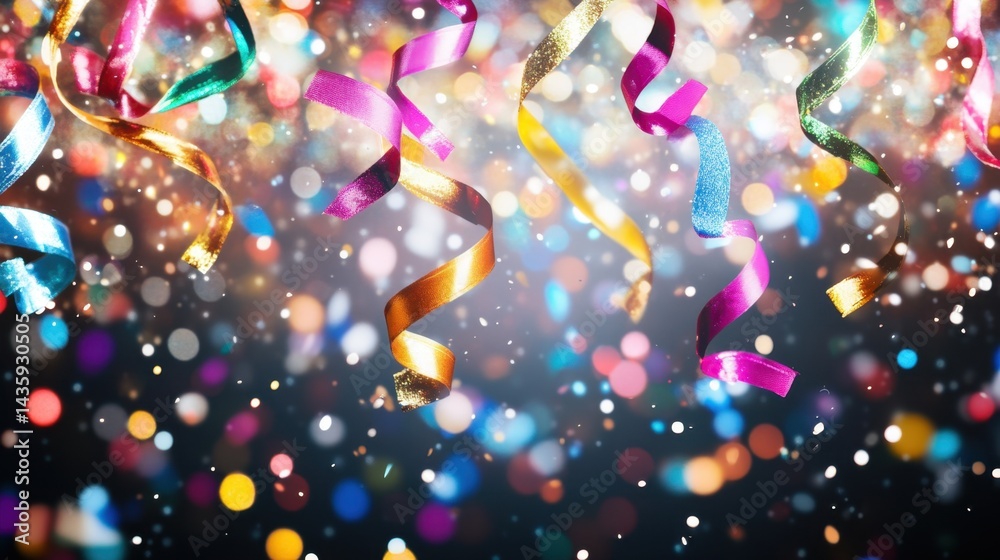 Naklejka premium Festive confetti burst frozen in air with streamers, ribbons, and sparkles on black background