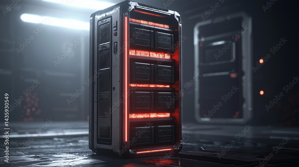 Futuristic server tower with glowing red lights in a dark high-tech environment, cyberpunk atmosphere. Futuristic server tower with glowing red lights in a dark high-tech environment, cyberpunk atmosphere.
