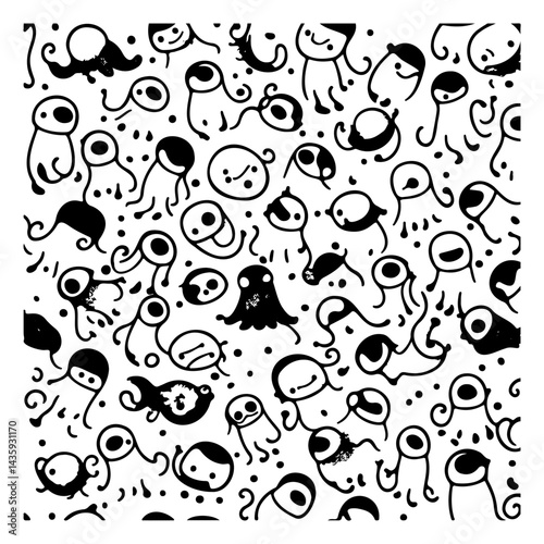 Whimsical Doodle Invasion: A Playful Black and White Character Extravaganza