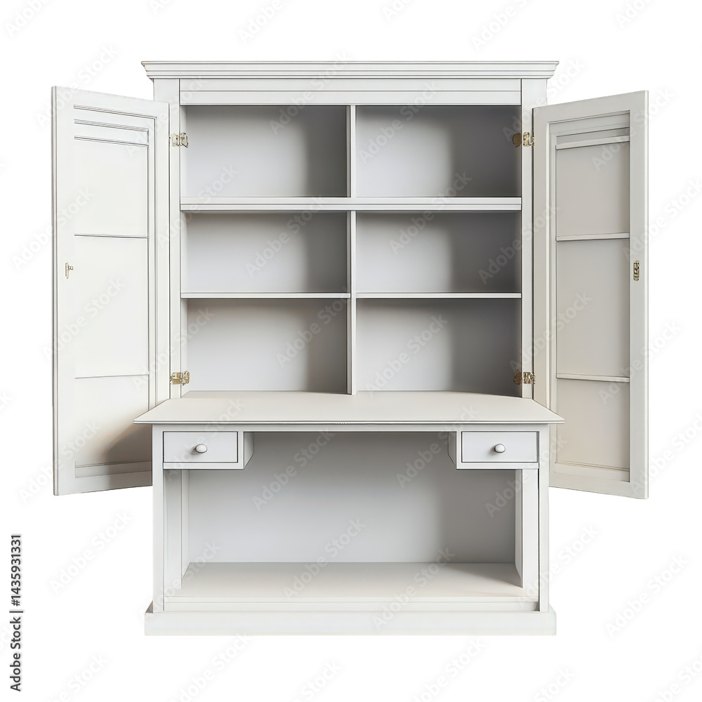 white wooden cabinet with open doors. showcasing multiple shelves and a desk area with two drawers this piece of furniture is designed for storage and organization. suitable for home or office use white wooden cabinet with open doors. showcasing multiple shelves and a desk area with two drawers this piece of furniture is designed for storage and organization. suitable for home or office use